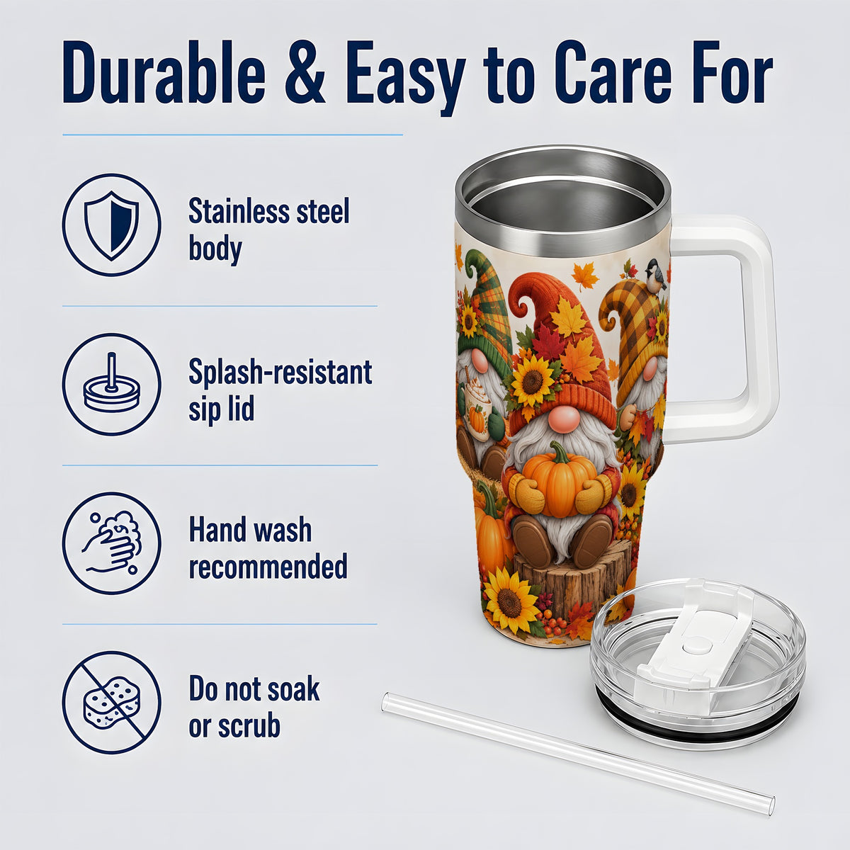 Autumn Gnome Pumpkin 40oz Tumbler, Large Seasonal Drinkware for Fall