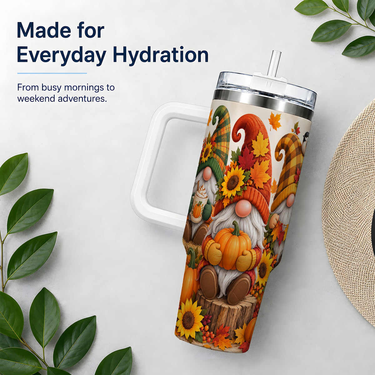 Autumn Gnome Pumpkin 40oz Tumbler, Large Seasonal Drinkware for Fall