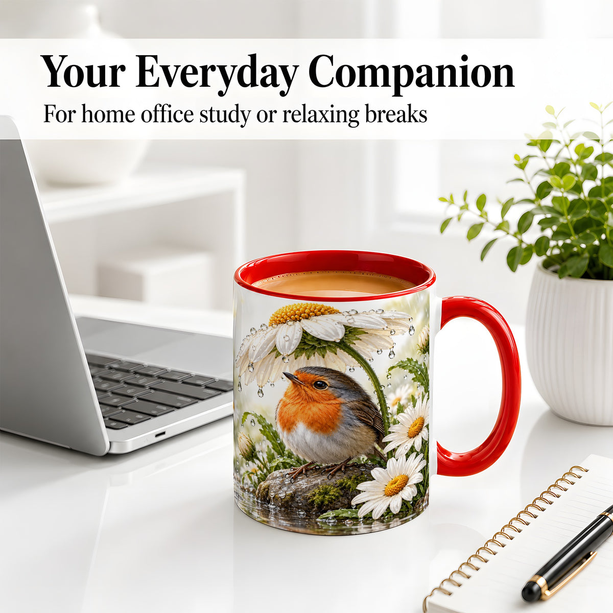 #pl[11oz|Red] Robin Daisy Ceramic Mug, Rainy Garden Bird Artwork for Bird Lovers