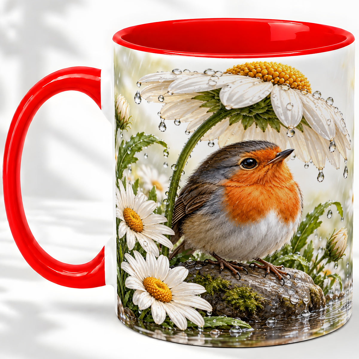 Robin Daisy Ceramic Mug, Rainy Garden Bird Artwork for Bird Lovers