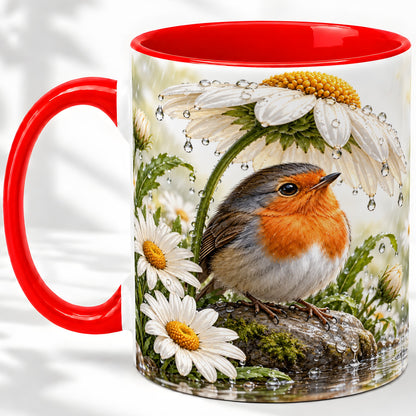 Robin Daisy Ceramic Mug, Rainy Garden Bird Artwork for Bird Lovers