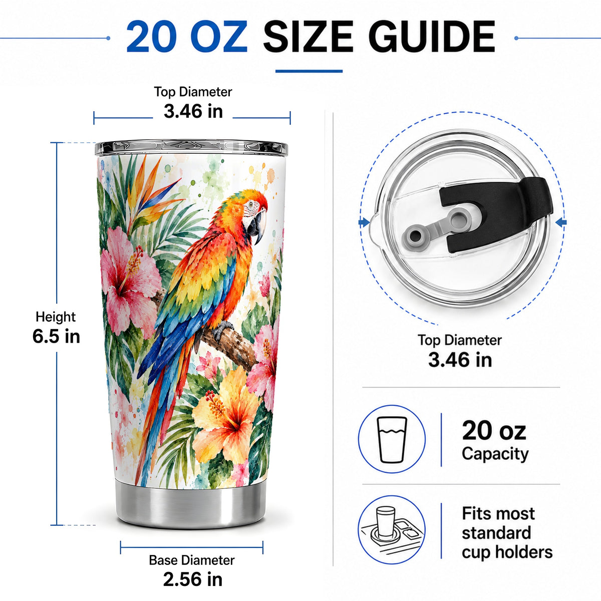 #pl[20oz|Steel] Tropical Macaw Hibiscus 20oz Tumbler, Stainless Steel Drinkware