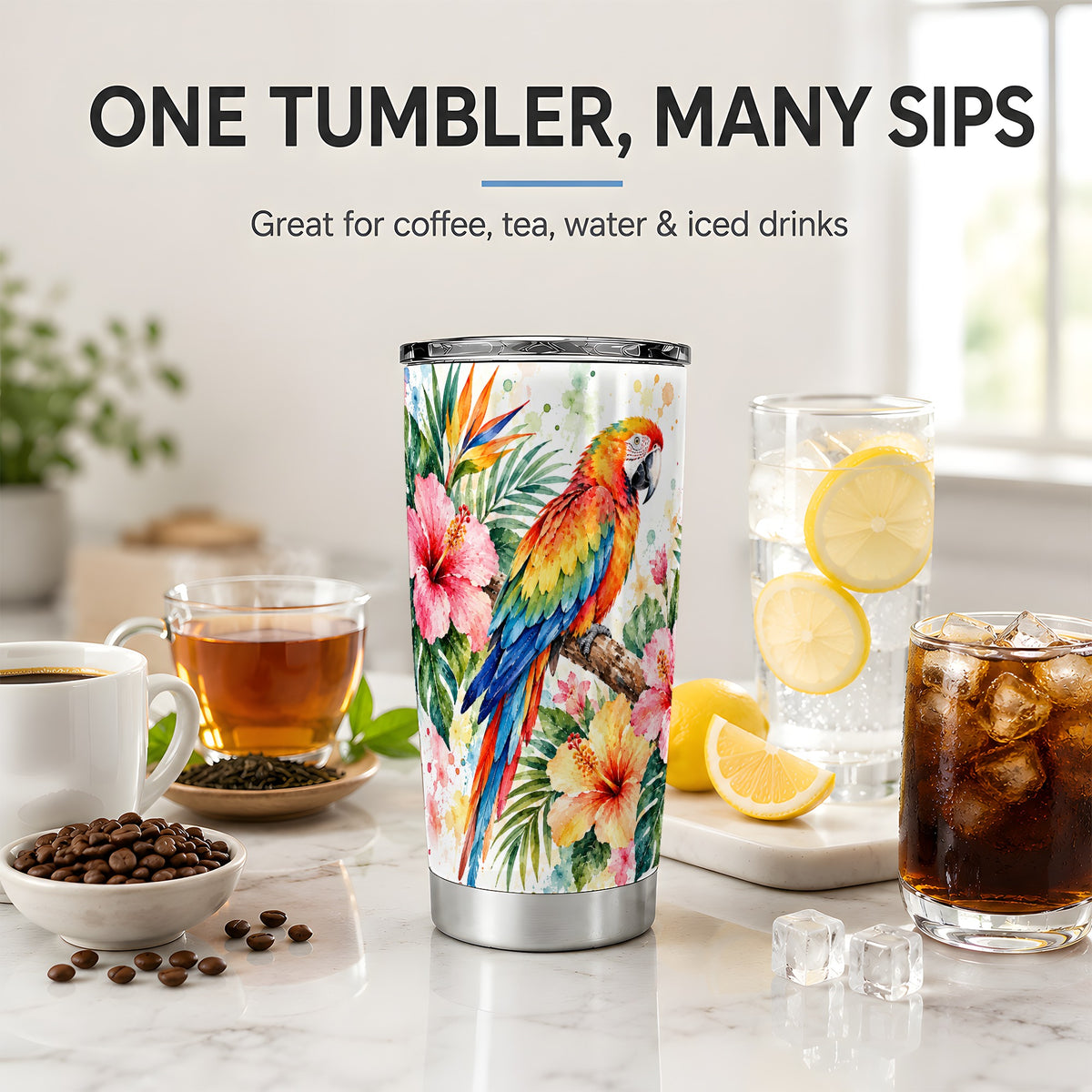 Tropical Macaw Hibiscus 20oz Tumbler, Stainless Steel Drinkware