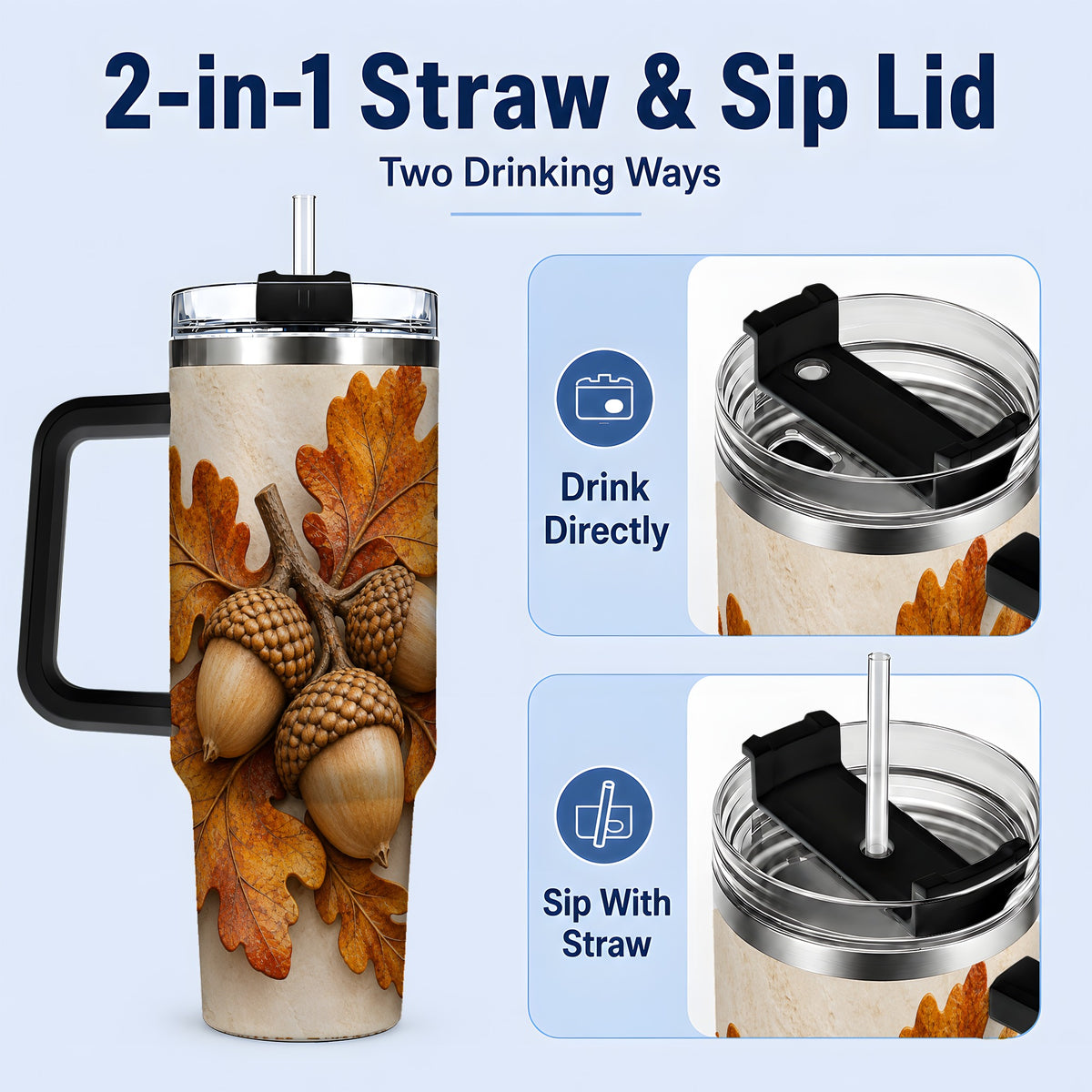 #pl[40oz|Black] Autumn Acorn Oak Leaf 40oz Tumbler, Large Nature Drinkware for Fall
