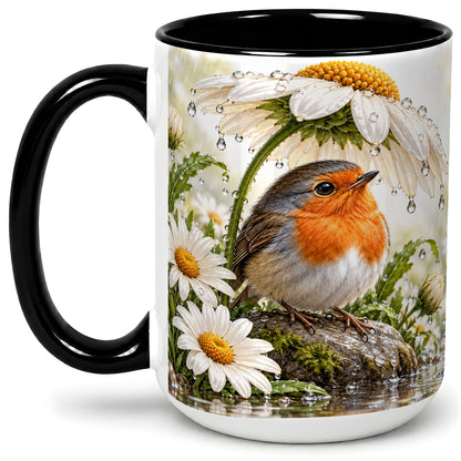 #pl[15oz|Black] Robin Daisy Ceramic Mug, Rainy Garden Bird Artwork for Bird Lovers