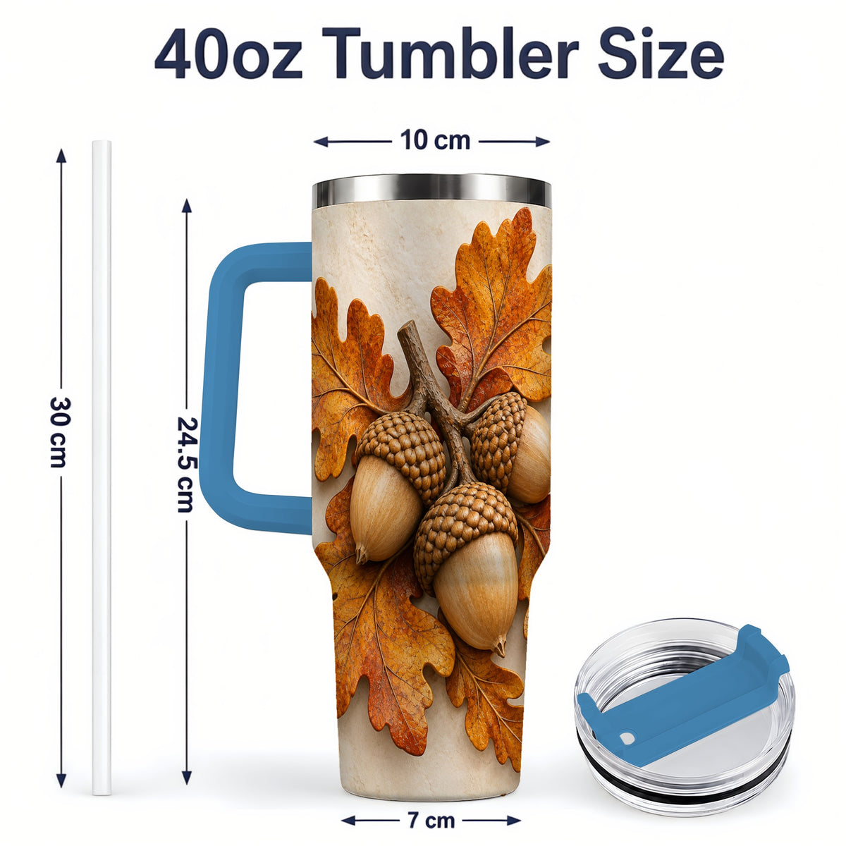 #pl[40oz|Blue] Autumn Acorn Oak Leaf 40oz Tumbler, Large Nature Drinkware for Fall