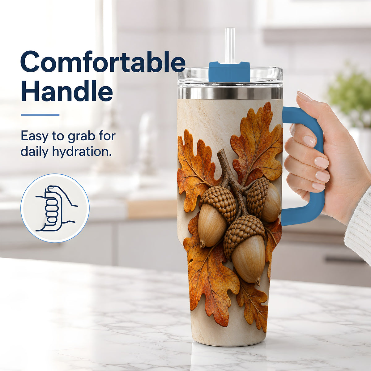 #pl[40oz|Blue] Autumn Acorn Oak Leaf 40oz Tumbler, Large Nature Drinkware for Fall
