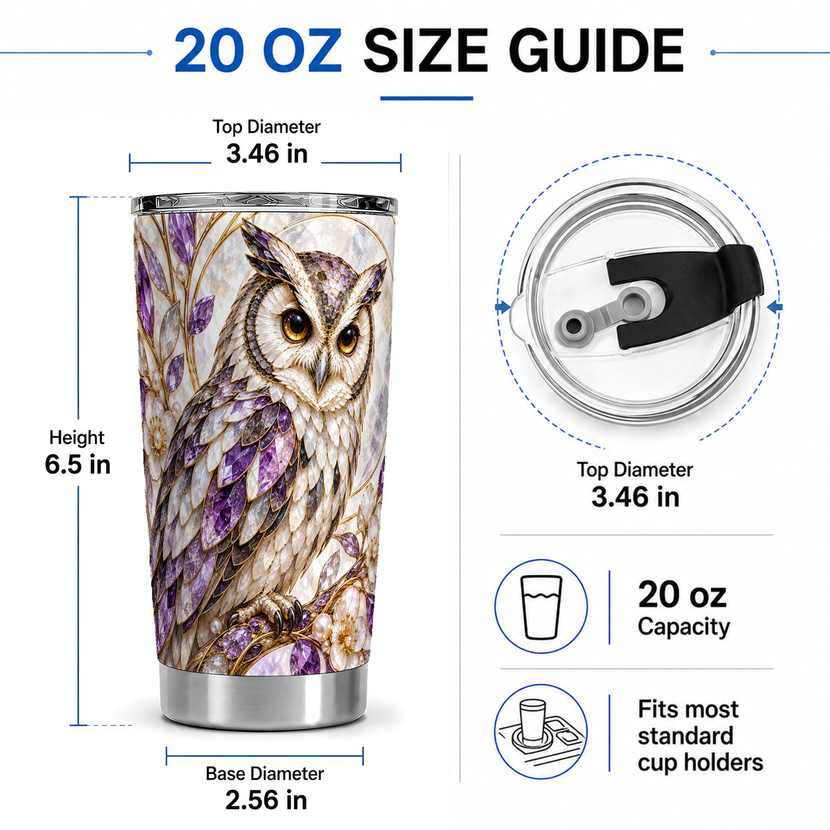 #pl[20oz|Steel] Purple Owl 20oz Tumbler, Drinkware for Owl Lovers
