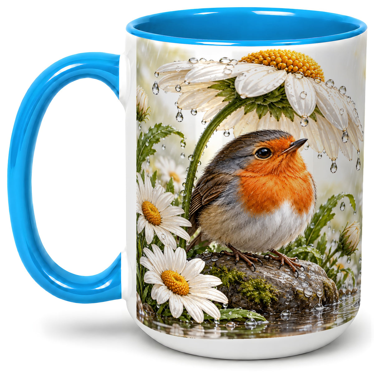 #pl[15oz|Blue] Robin Daisy Ceramic Mug, Rainy Garden Bird Artwork for Bird Lovers