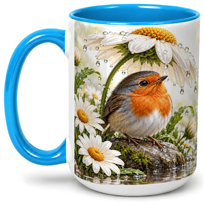 #pl[15oz|Blue] Robin Daisy Ceramic Mug, Rainy Garden Bird Artwork for Bird Lovers