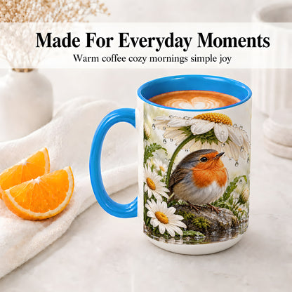 #pl[15oz|Blue] Robin Daisy Ceramic Mug, Rainy Garden Bird Artwork for Bird Lovers