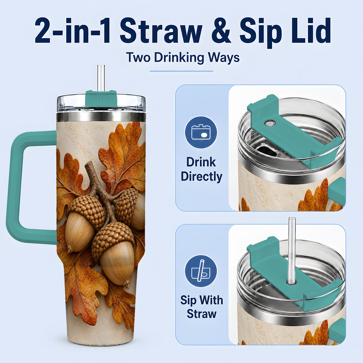 #pl[40oz|Green] Autumn Acorn Oak Leaf 40oz Tumbler, Large Nature Drinkware for Fall