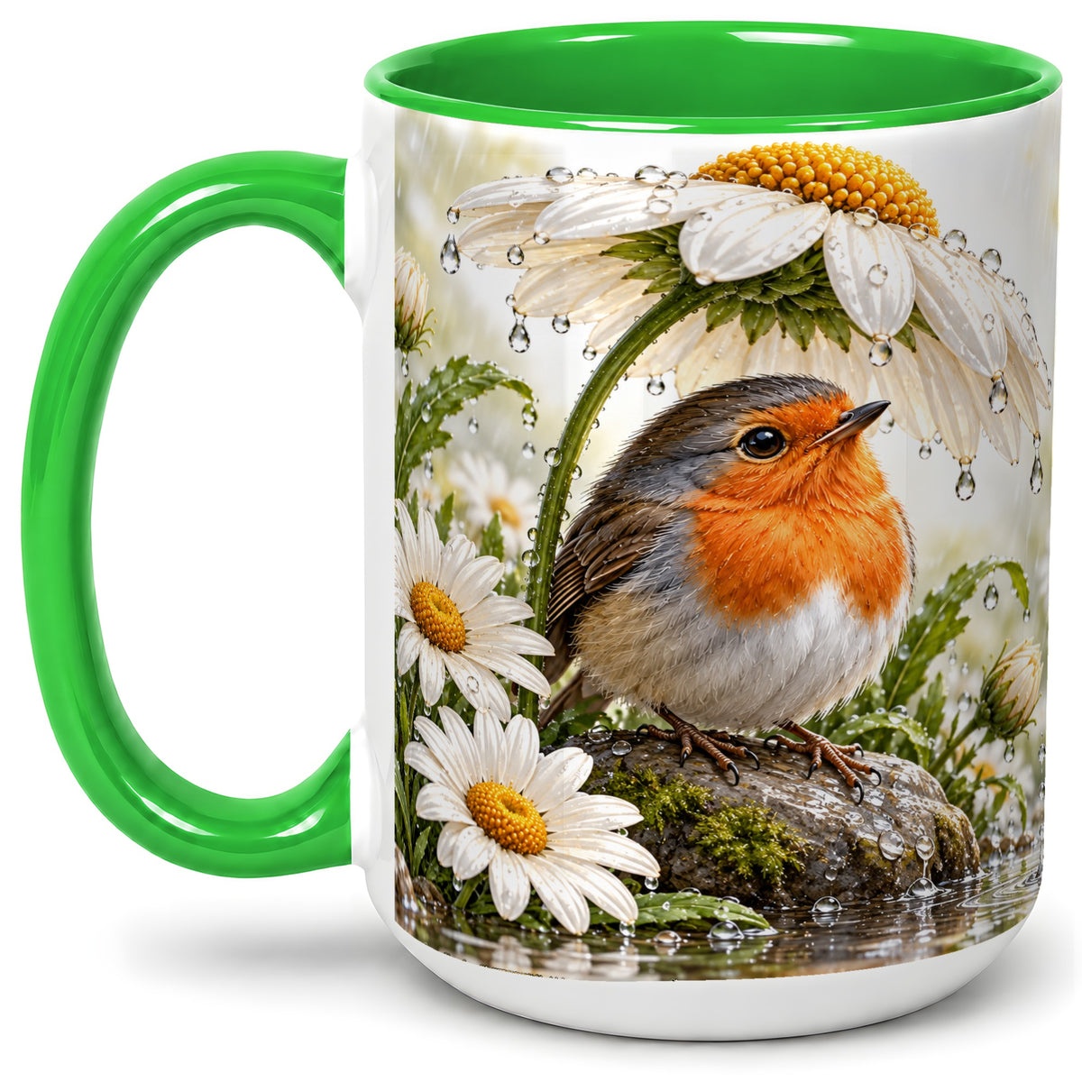 #pl[15oz|Green] Robin Daisy Ceramic Mug, Rainy Garden Bird Artwork for Bird Lovers