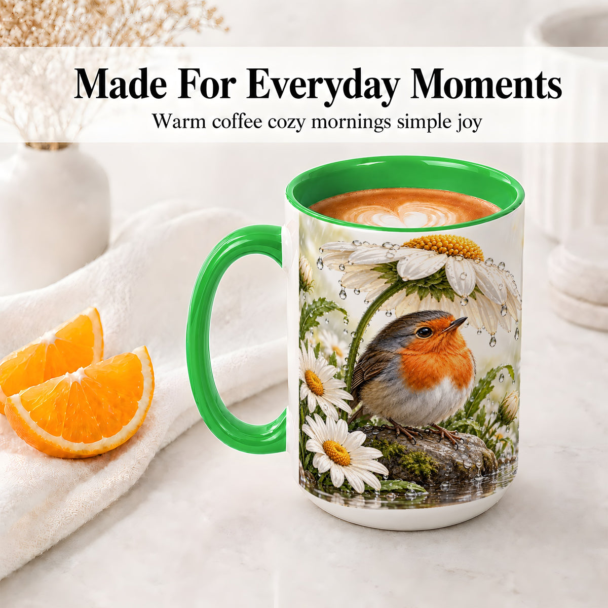 #pl[15oz|Green] Robin Daisy Ceramic Mug, Rainy Garden Bird Artwork for Bird Lovers