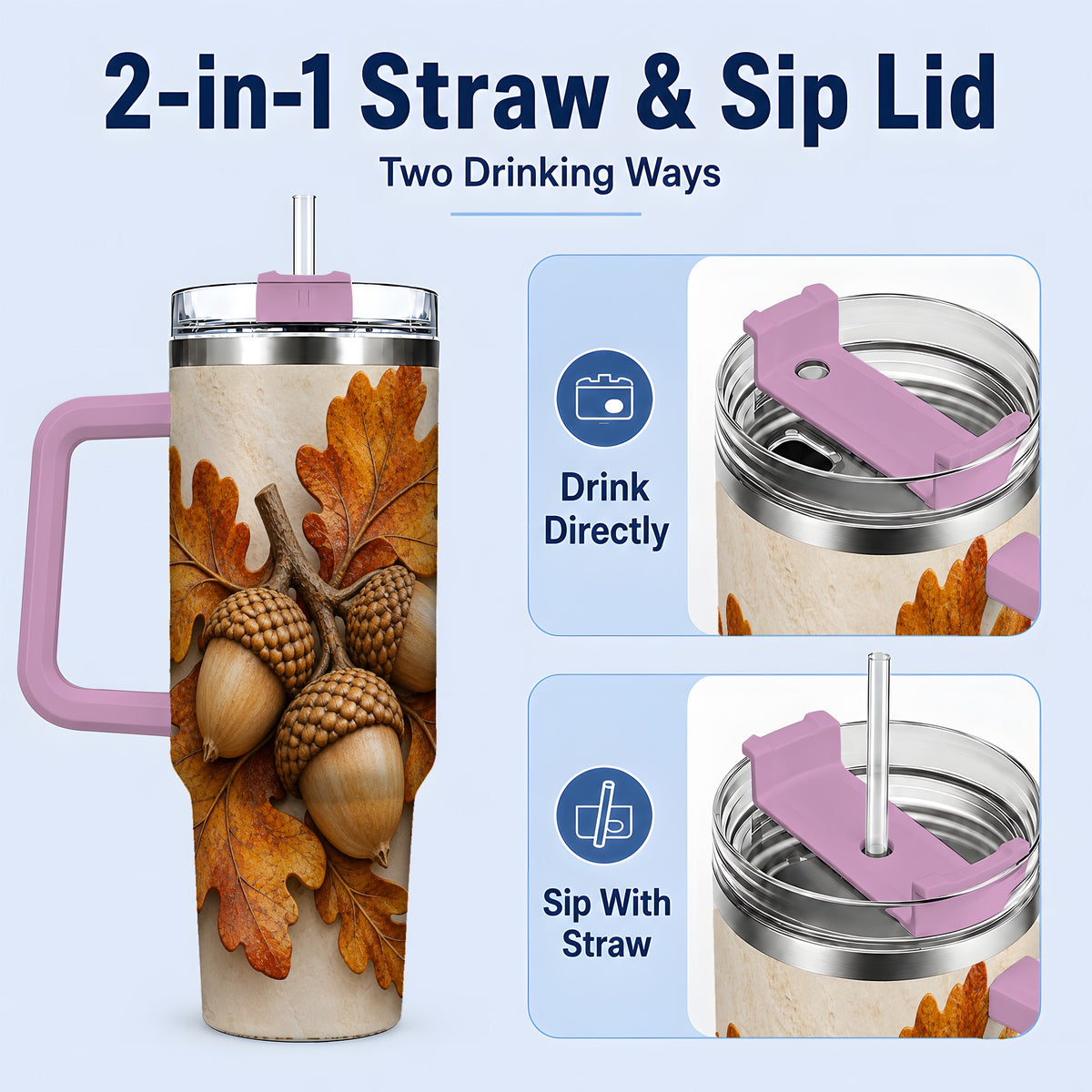 #pl[40oz|Pink] Autumn Acorn Oak Leaf 40oz Tumbler, Large Nature Drinkware for Fall