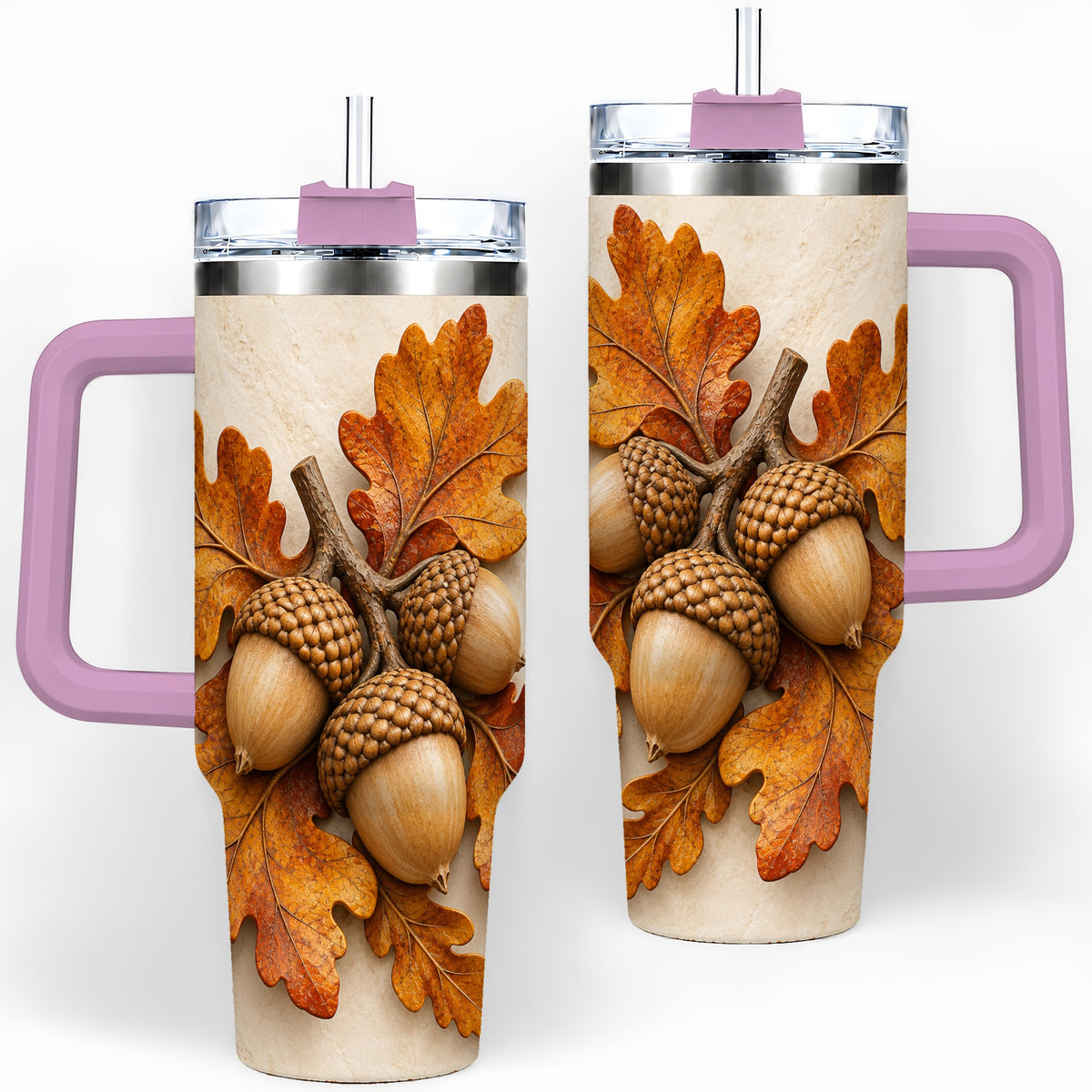 #pl[40oz|Pink] Autumn Acorn Oak Leaf 40oz Tumbler, Large Nature Drinkware for Fall