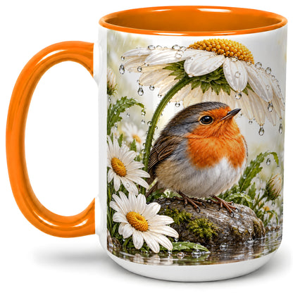 #pl[15oz|Orange] Robin Daisy Ceramic Mug, Rainy Garden Bird Artwork for Bird Lovers