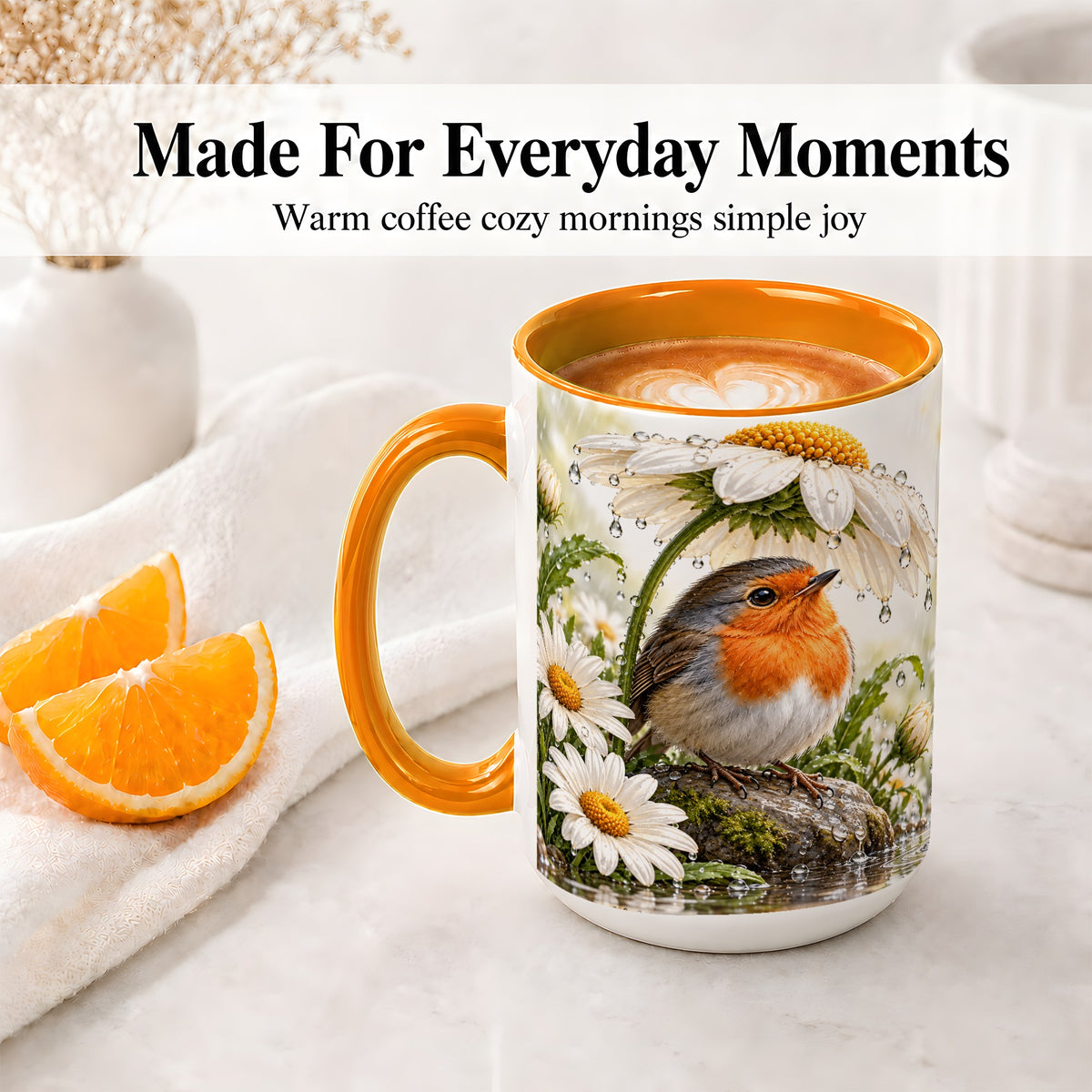 #pl[15oz|Orange] Robin Daisy Ceramic Mug, Rainy Garden Bird Artwork for Bird Lovers