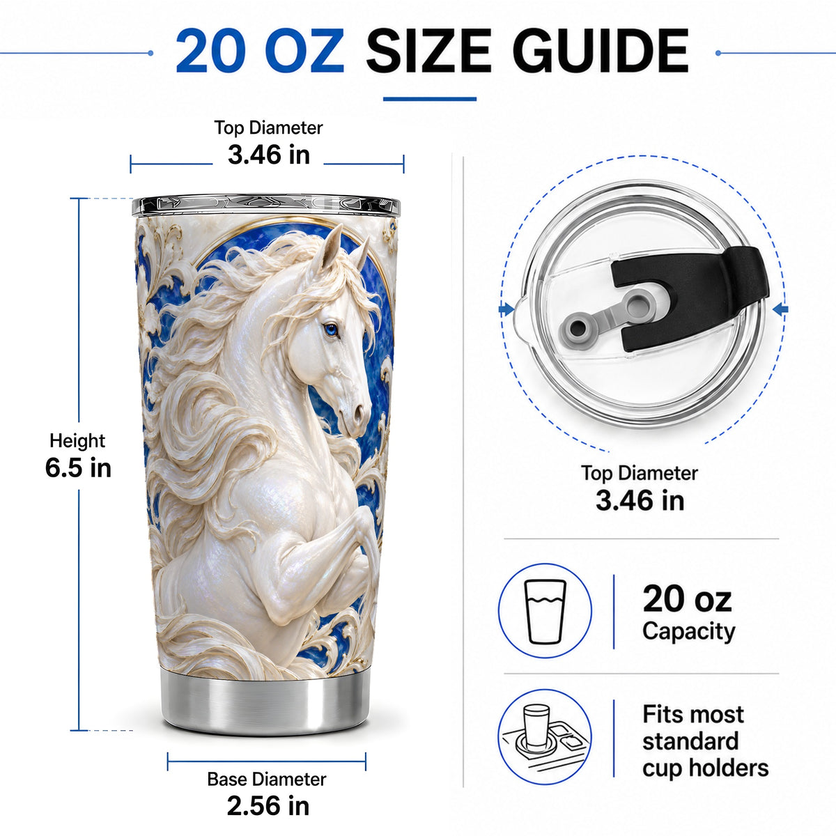 #pl[20oz|Steel] White Horse Floral 20oz Tumbler, Drinkware for Horse Lovers