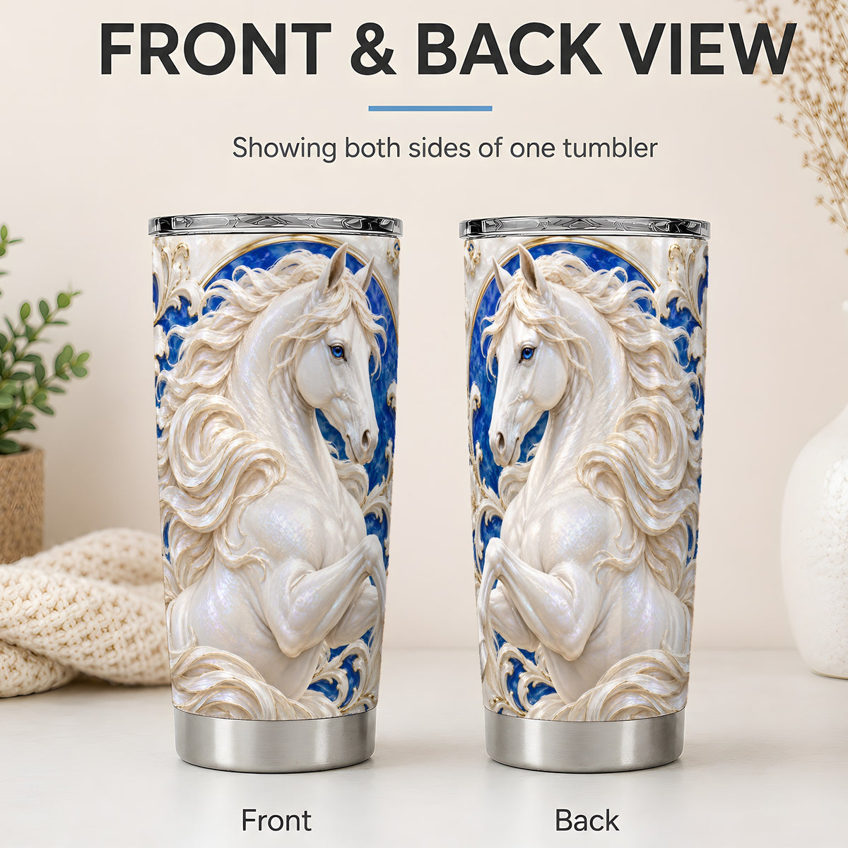 #pl[20oz|Steel] White Horse Floral 20oz Tumbler, Drinkware for Horse Lovers