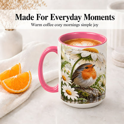#pl[15oz|Pink] Robin Daisy Ceramic Mug, Rainy Garden Bird Artwork for Bird Lovers