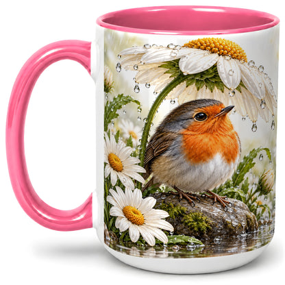 #pl[15oz|Pink] Robin Daisy Ceramic Mug, Rainy Garden Bird Artwork for Bird Lovers