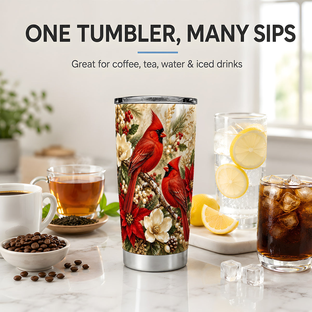Winter Cardinal 20oz Tumbler, Drinkware for Bird Lovers