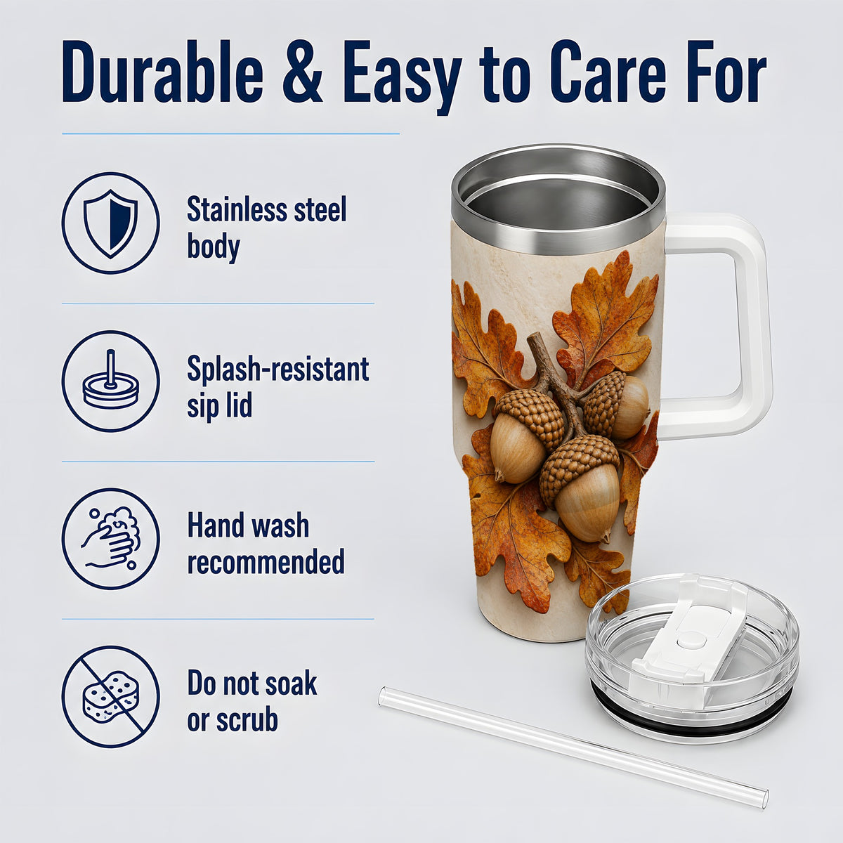 Autumn Acorn Oak Leaf 40oz Tumbler, Large Nature Drinkware for Fall