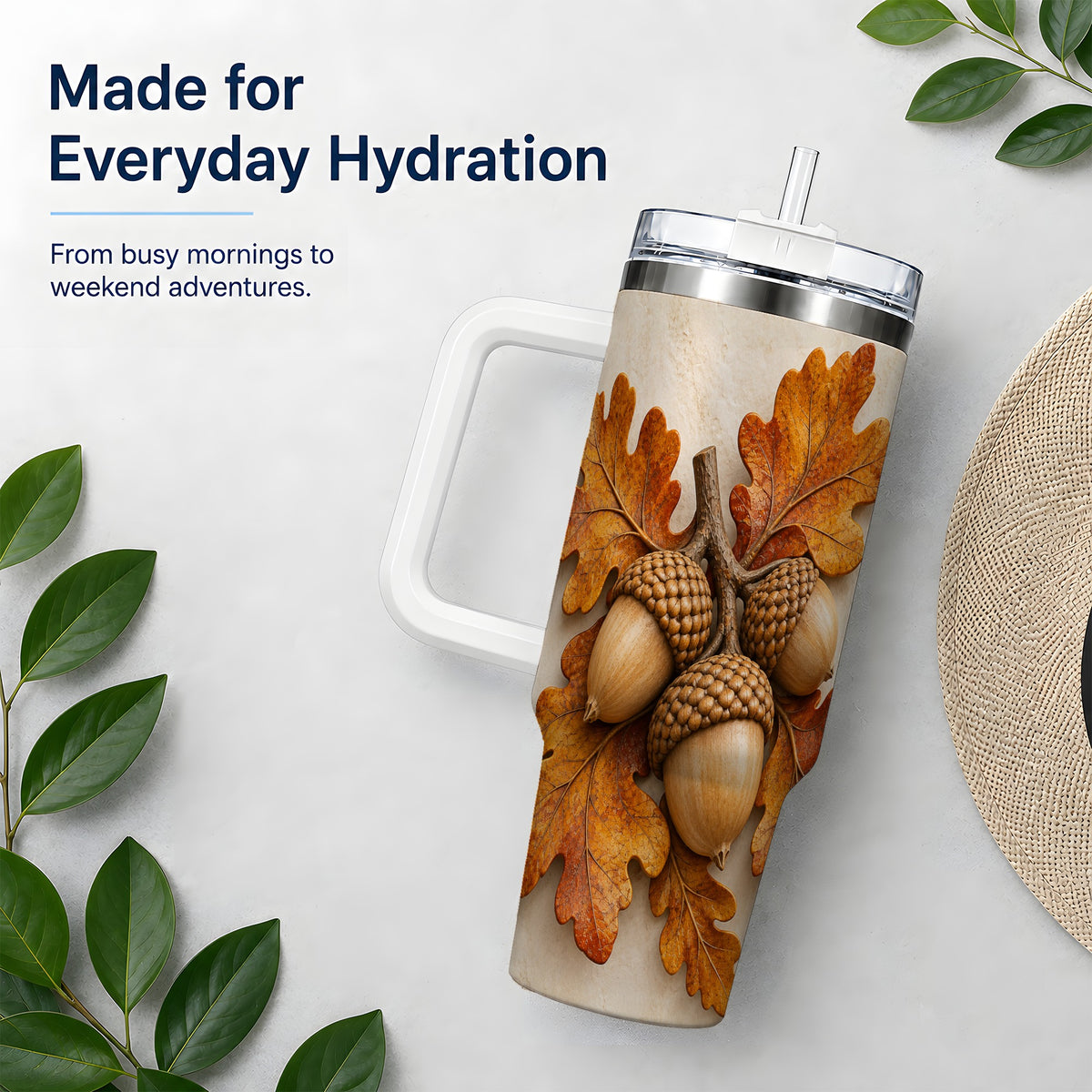 Autumn Acorn Oak Leaf 40oz Tumbler, Large Nature Drinkware for Fall