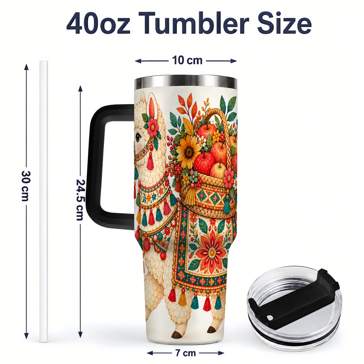 #pl[40oz|Black] Autumn Llama Apple Basket 40oz Tumbler, Large Drinkware for Animal Fans
