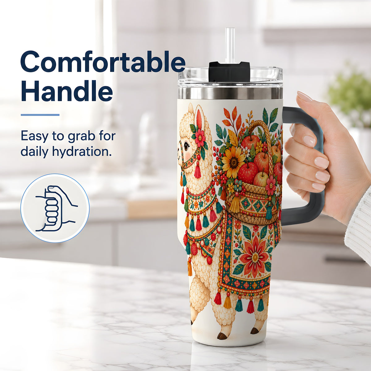 #pl[40oz|Black] Autumn Llama Apple Basket 40oz Tumbler, Large Drinkware for Animal Fans