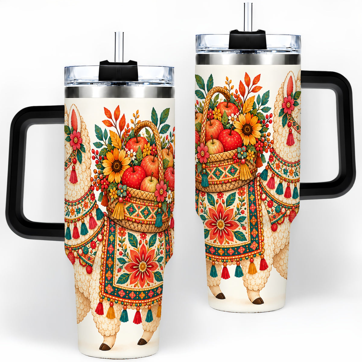 #pl[40oz|Black] Autumn Llama Apple Basket 40oz Tumbler, Large Drinkware for Animal Fans