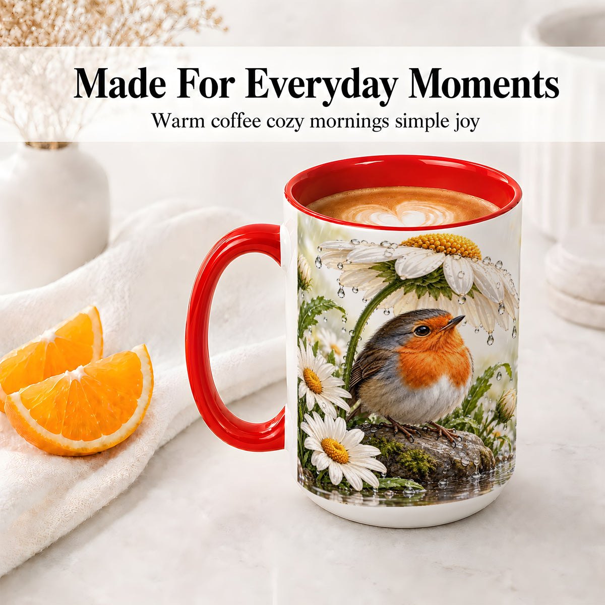 #pl[15oz|Red] Robin Daisy Ceramic Mug, Rainy Garden Bird Artwork for Bird Lovers