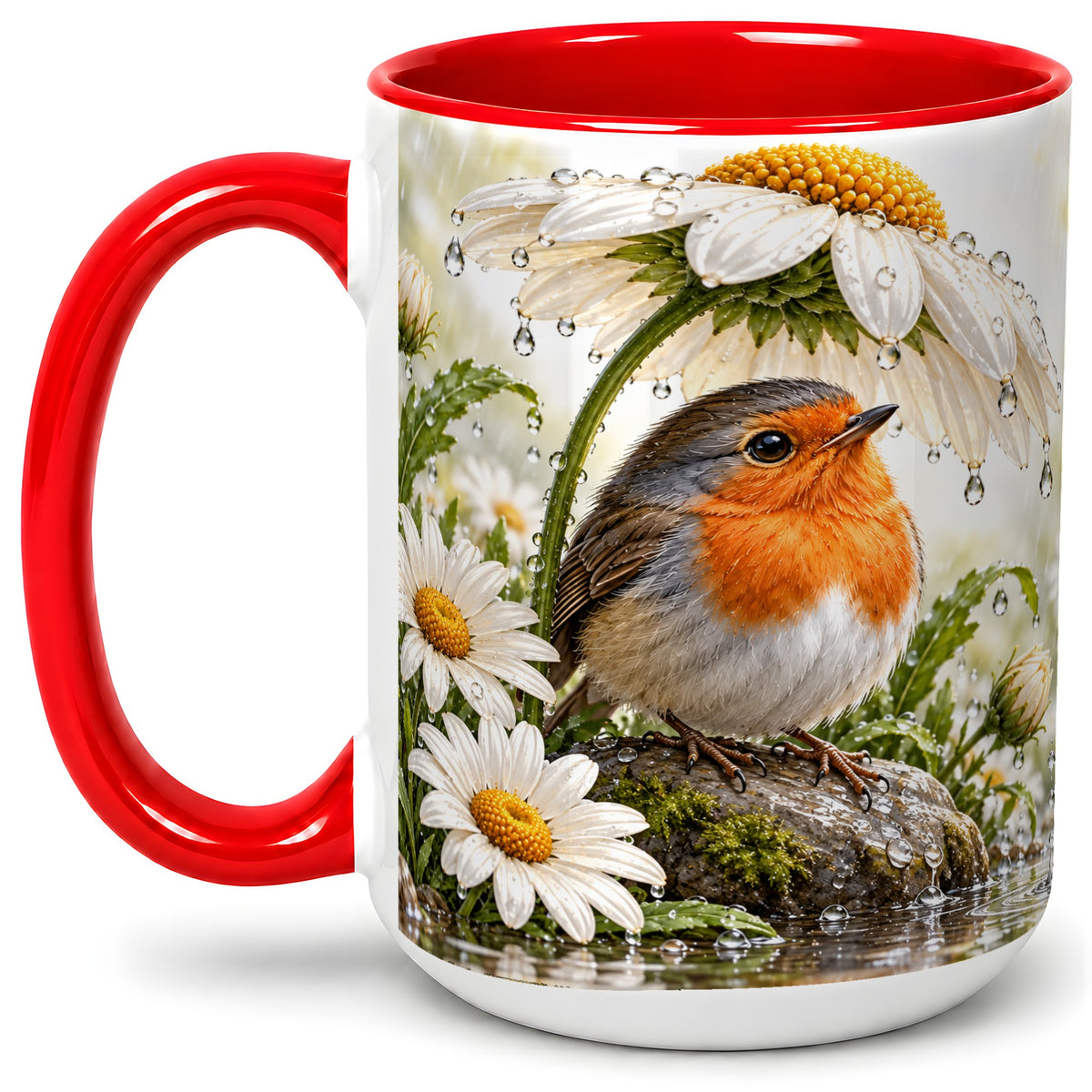 #pl[15oz|Red] Robin Daisy Ceramic Mug, Rainy Garden Bird Artwork for Bird Lovers