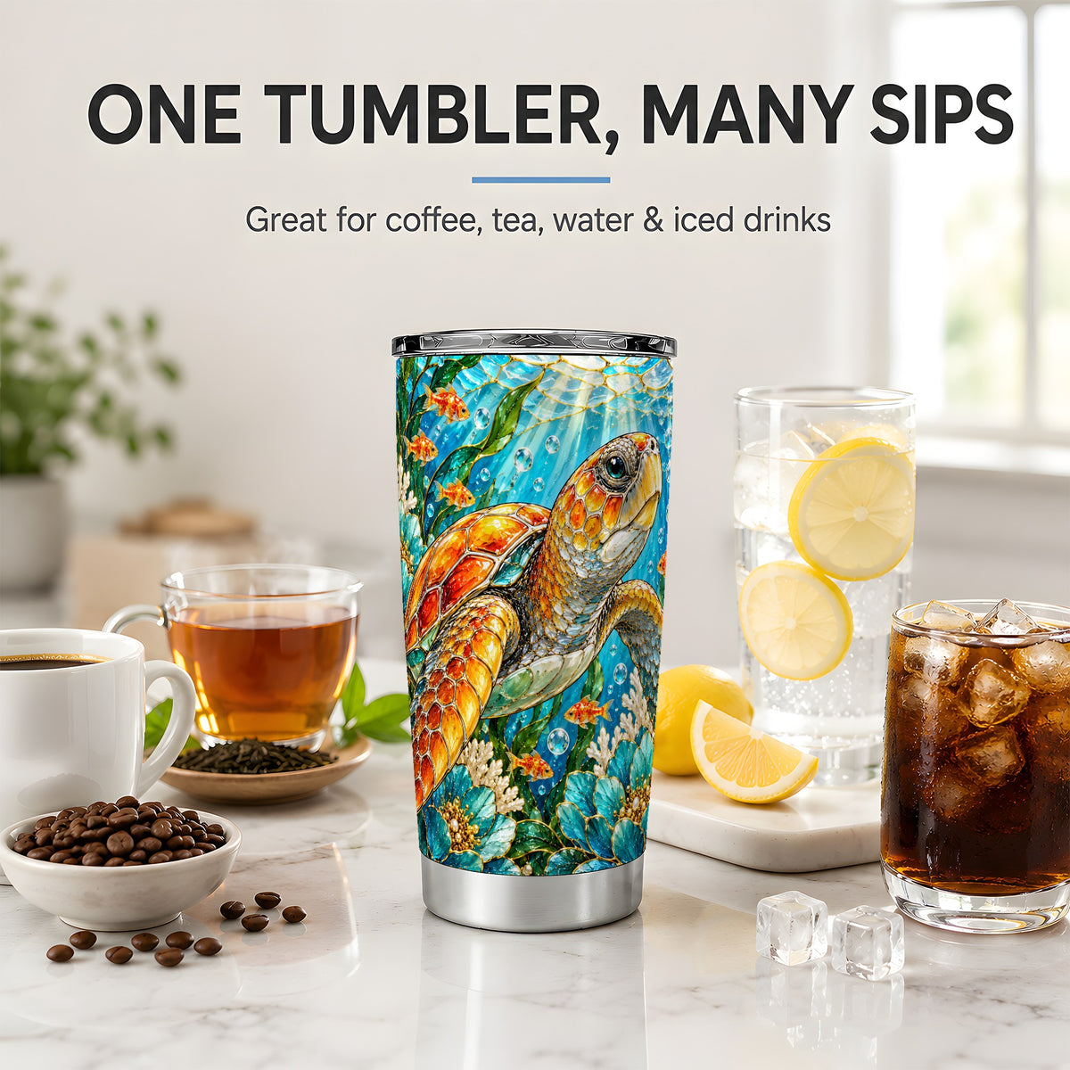 Sea Turtle Floral 20oz Tumbler, Drinkware for Turtle Lovers