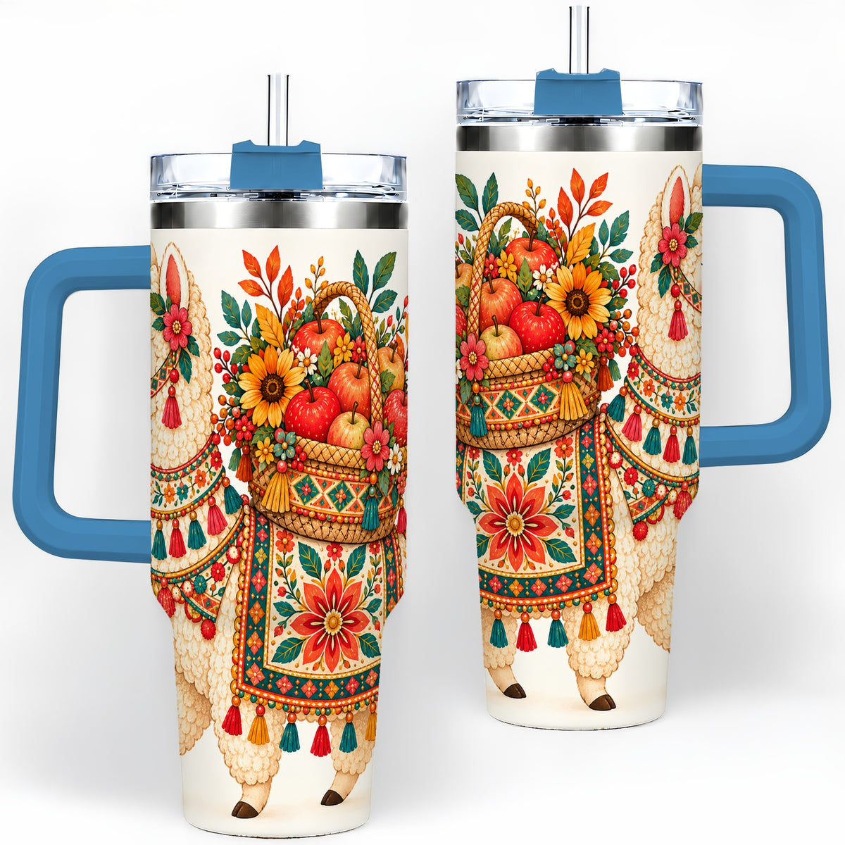 #pl[40oz|Blue] Autumn Llama Apple Basket 40oz Tumbler, Large Drinkware for Animal Fans