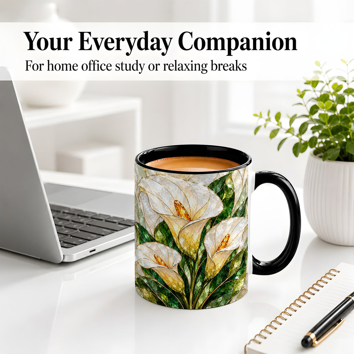 #pl[11oz|Black] Calla Lily Floral Ceramic Mug, Stained Glass Style Botanical Art