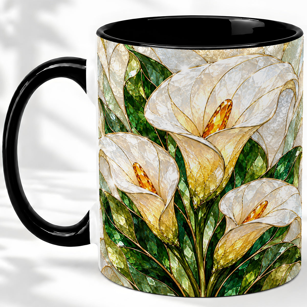 #pl[11oz|Black] Calla Lily Floral Ceramic Mug, Stained Glass Style Botanical Art