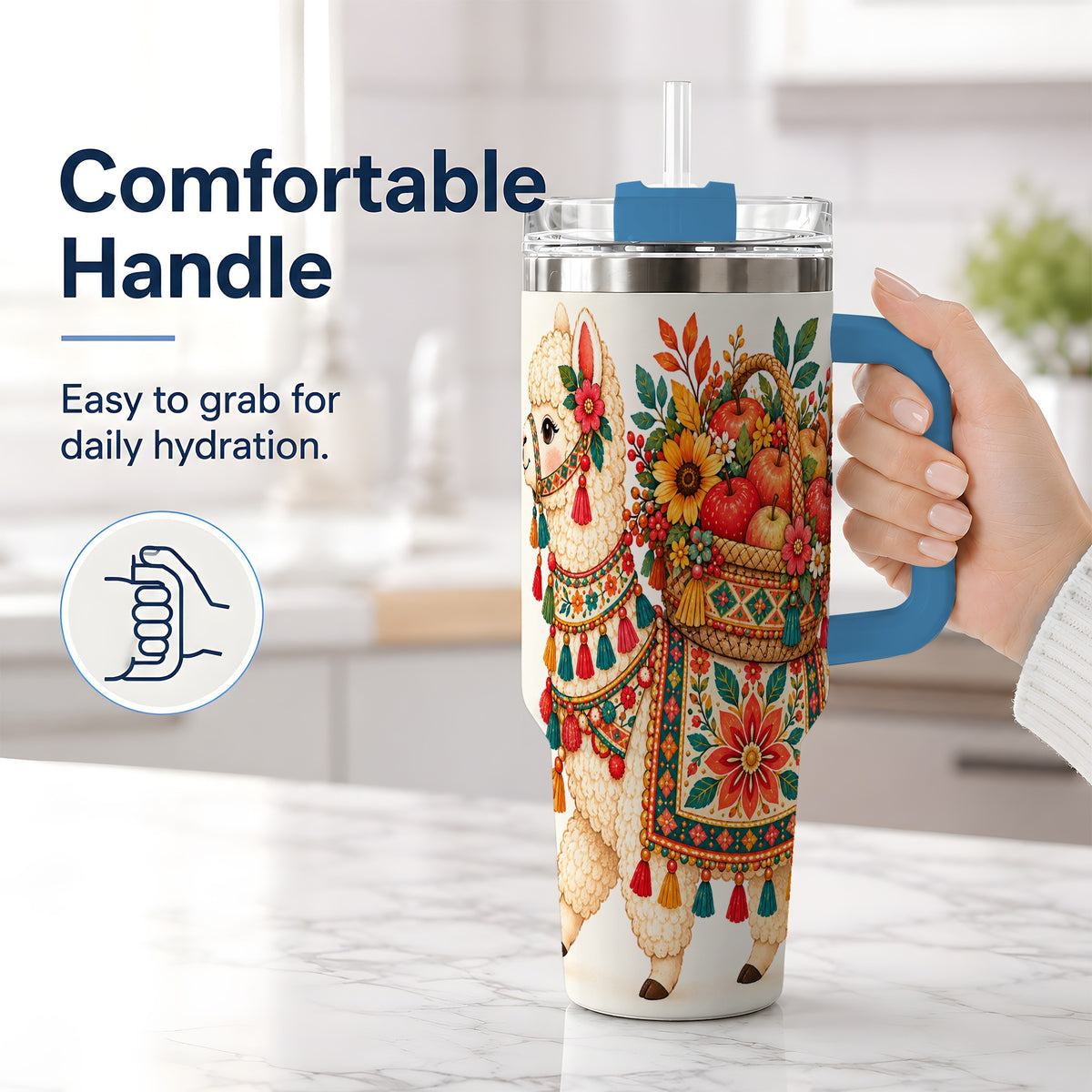 #pl[40oz|Blue] Autumn Llama Apple Basket 40oz Tumbler, Large Drinkware for Animal Fans