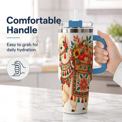 #pl[40oz|Blue] Autumn Llama Apple Basket 40oz Tumbler, Large Drinkware for Animal Fans