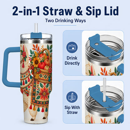 #pl[40oz|Blue] Autumn Llama Apple Basket 40oz Tumbler, Large Drinkware for Animal Fans