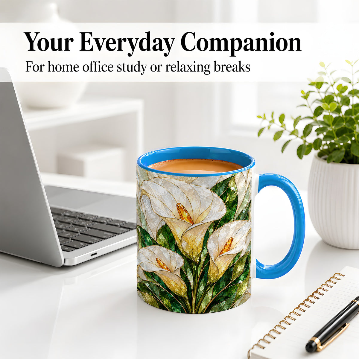 #pl[11oz|Blue] Calla Lily Floral Ceramic Mug, Stained Glass Style Botanical Art