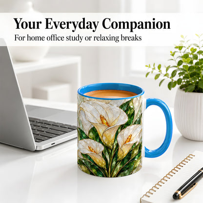 #pl[11oz|Blue] Calla Lily Floral Ceramic Mug, Stained Glass Style Botanical Art