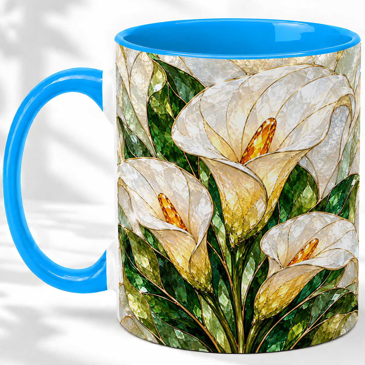 #pl[11oz|Blue] Calla Lily Floral Ceramic Mug, Stained Glass Style Botanical Art