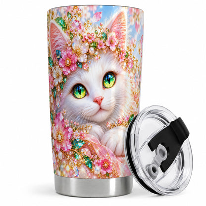 White Cat Floral 20oz Tumbler, Drinkware for Cat Lovers