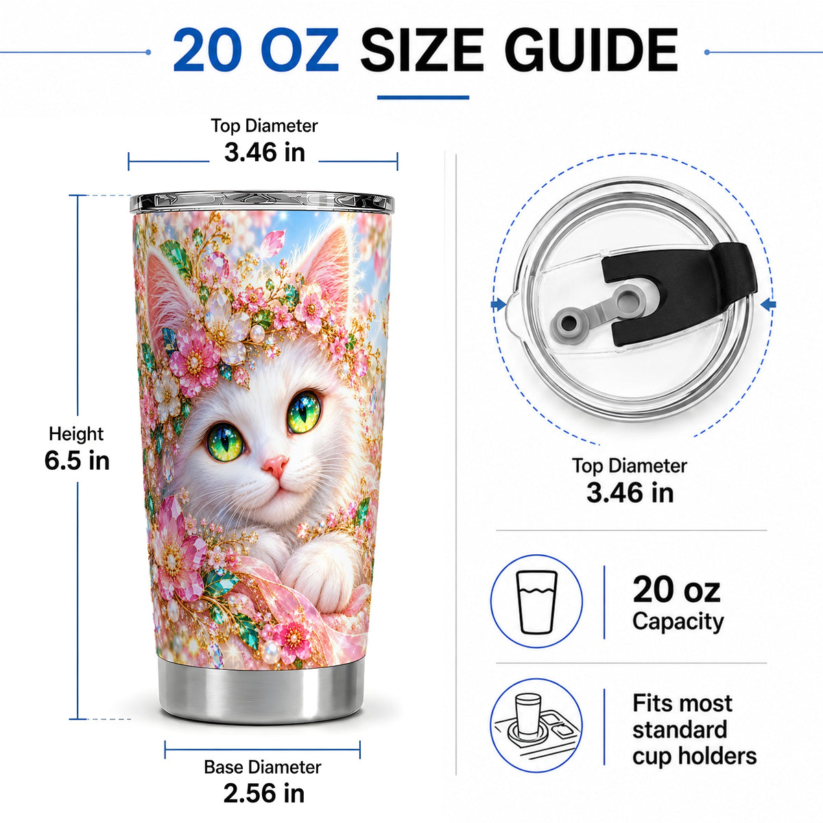 #pl[20oz|Steel] White Cat Floral 20oz Tumbler, Drinkware for Cat Lovers