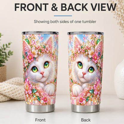 #pl[20oz|Steel] White Cat Floral 20oz Tumbler, Drinkware for Cat Lovers