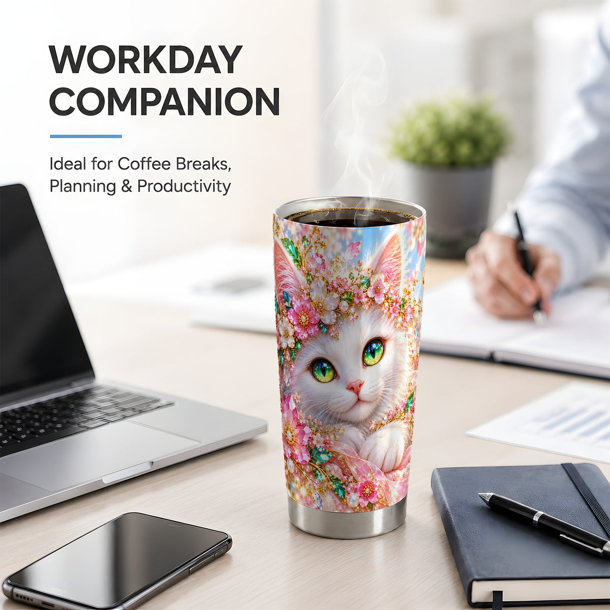 White Cat Floral 20oz Tumbler, Drinkware for Cat Lovers