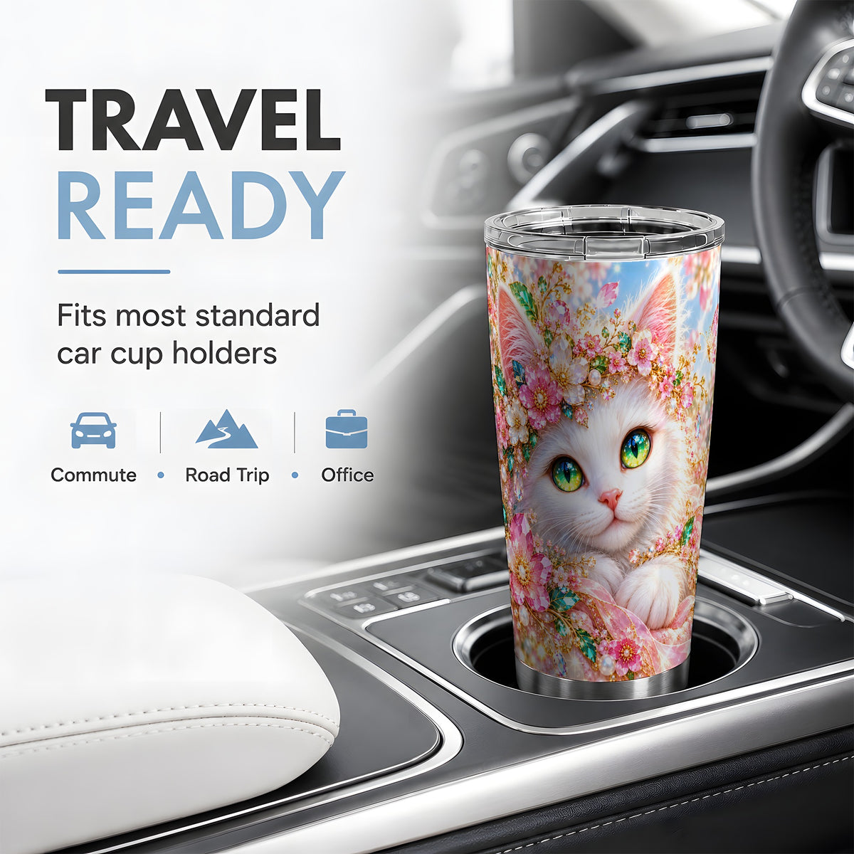 White Cat Floral 20oz Tumbler, Drinkware for Cat Lovers