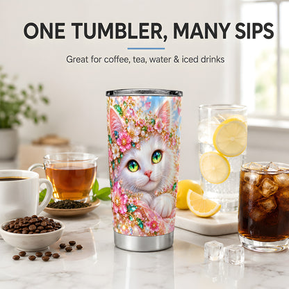 White Cat Floral 20oz Tumbler, Drinkware for Cat Lovers